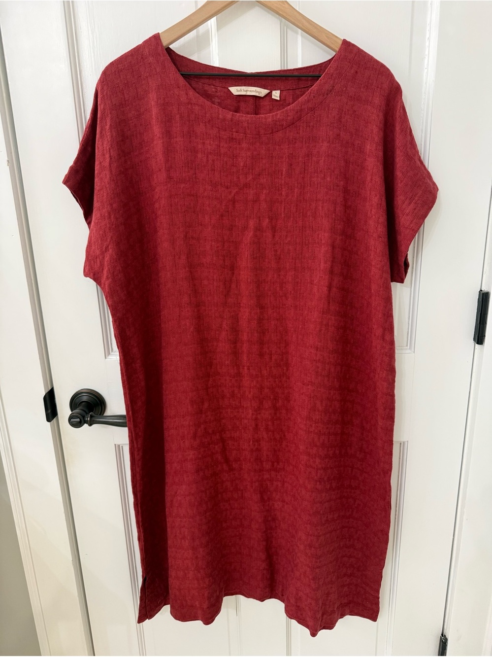 Soft Surroundings Short Sleeve Linen Cotton Blend Red Midi Shift Dress, Size L
